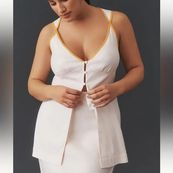 Anthropologie Linen Cutout Button-Front Tank - Picture 2 of 8